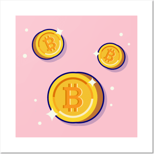 Gold Bitcoin Cartoon Vector Icon Illustration Posters and Art